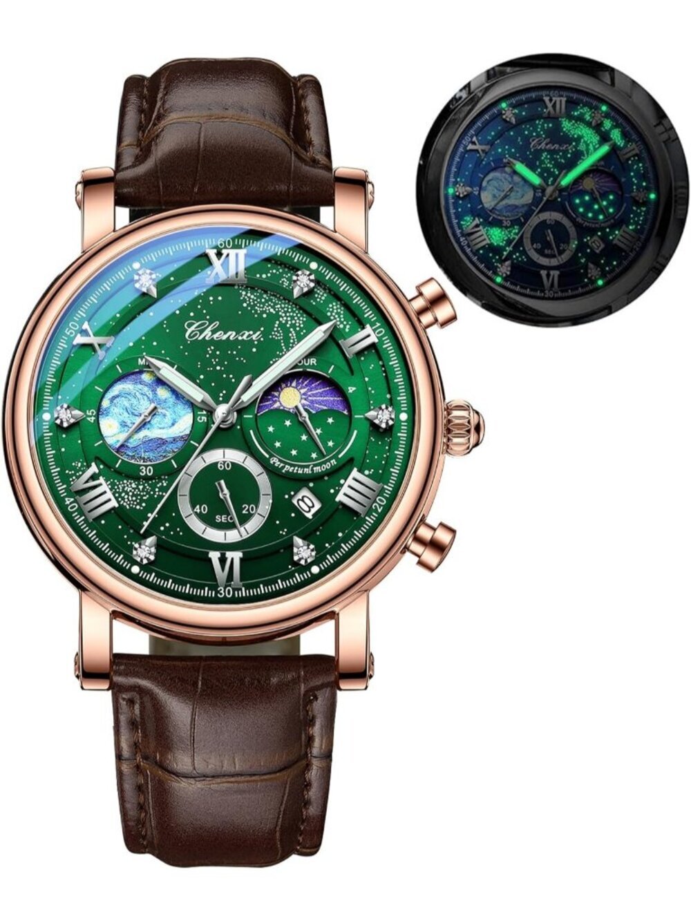 Men Green Brown Leather Multifunctional Military Sports Analog Chronograph Watch